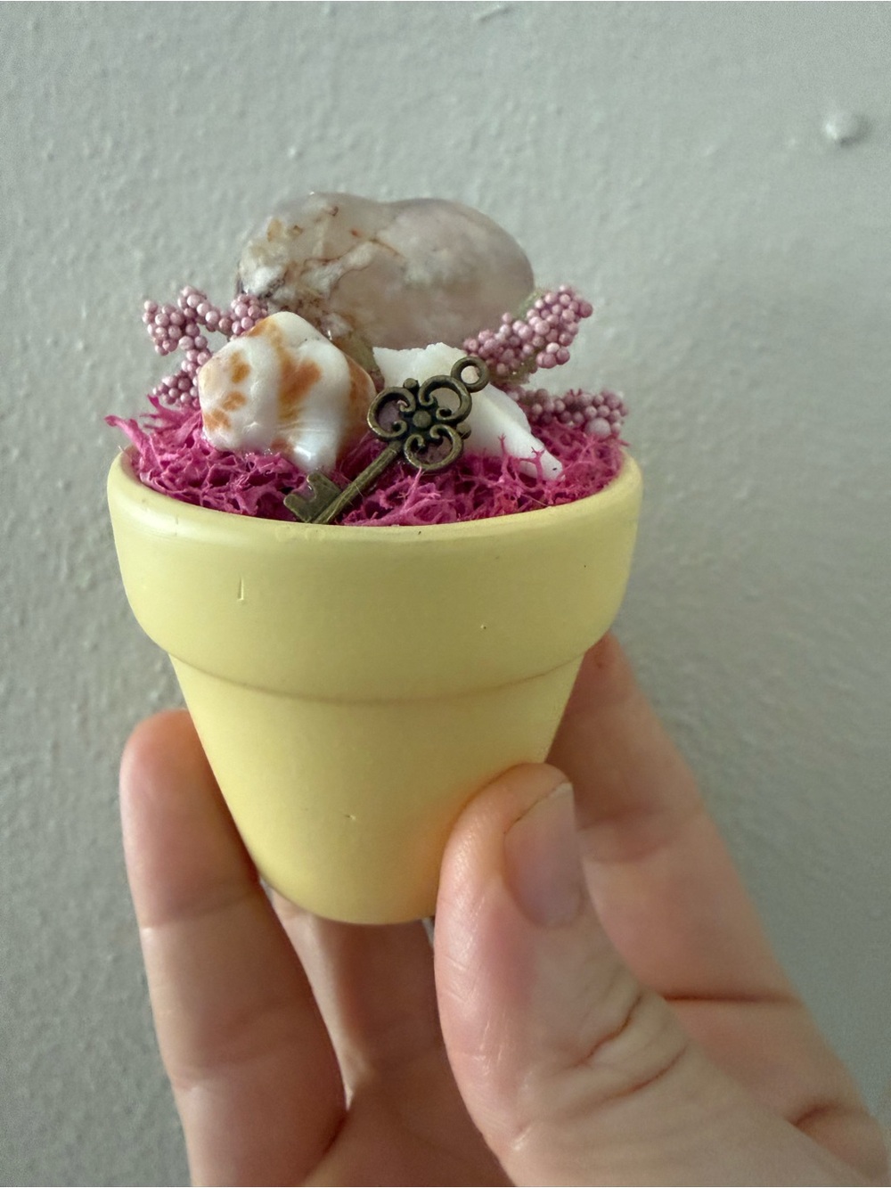 Handcrafted Yellow Mini Pot with Pink Moss and Shell Accents
